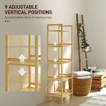 HOMCOM 5-Tier Bamboo Bathroom Storage Shelf, Freestanding Shelving Unit with Adjustable Rack for Kitchen Bathroom Living Room, Natural Wood Finish