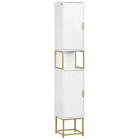 kleankin Narrow Bathroom Storage Cabinet, Freestanding Tallboy Storage Unit with Adjustable Shelf, 2 Doors and Steel Base, Slim Corner Organizer, White