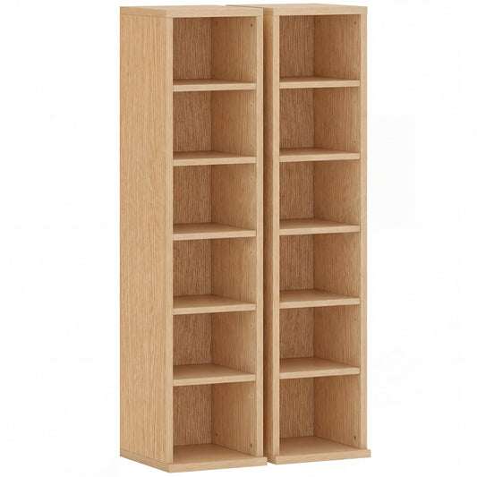 HOMCOM Set of 2 CD Media Display Shelf Unit Tower Rack with Adjustable Shelves, Natural