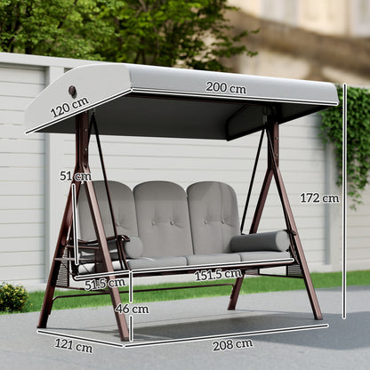 Outsunny 3 Seater Canopy Swing Chair, Outdoor Garden Swing Seat with Adjustable Canopy, Cushions and Cup Trays, Steel Frame, Light Grey