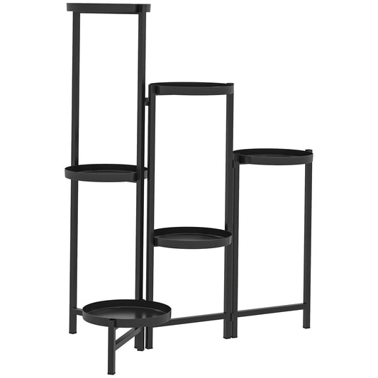Outsunny 3 Tier Plant Stand Indoor Outdoor, Foldable Corner Plant Stands for Multiple Plants, Metal Round Flower Pot Holder for Patio Garden Balcony Living Room, Black
