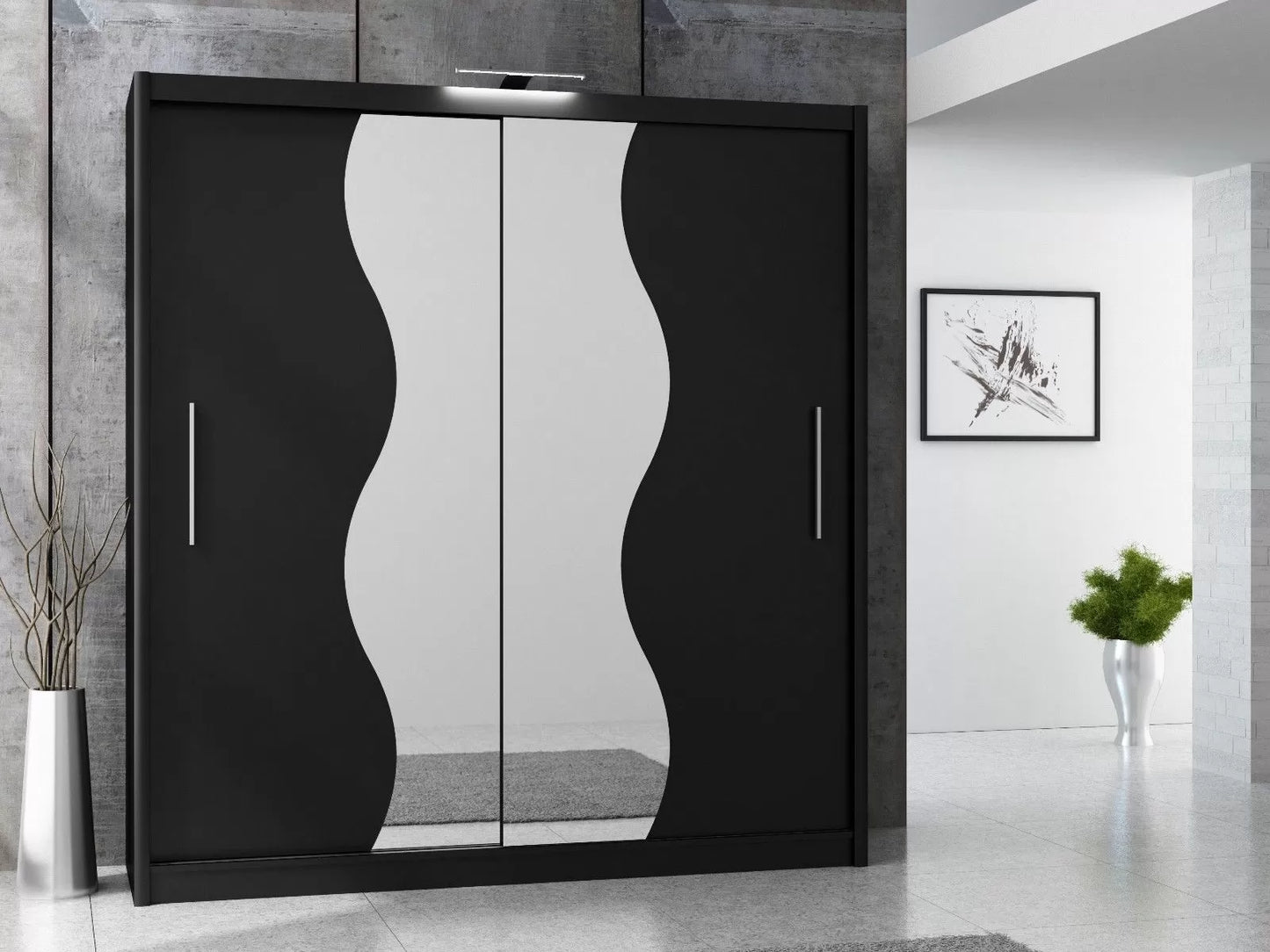 Tokyo V Curvy Sliding Door Wardrobe - Black, White, Oak