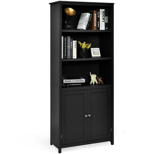 3-Shelf Bookcase with Double Doors & Adjustable Shelves & Cabinet-Black