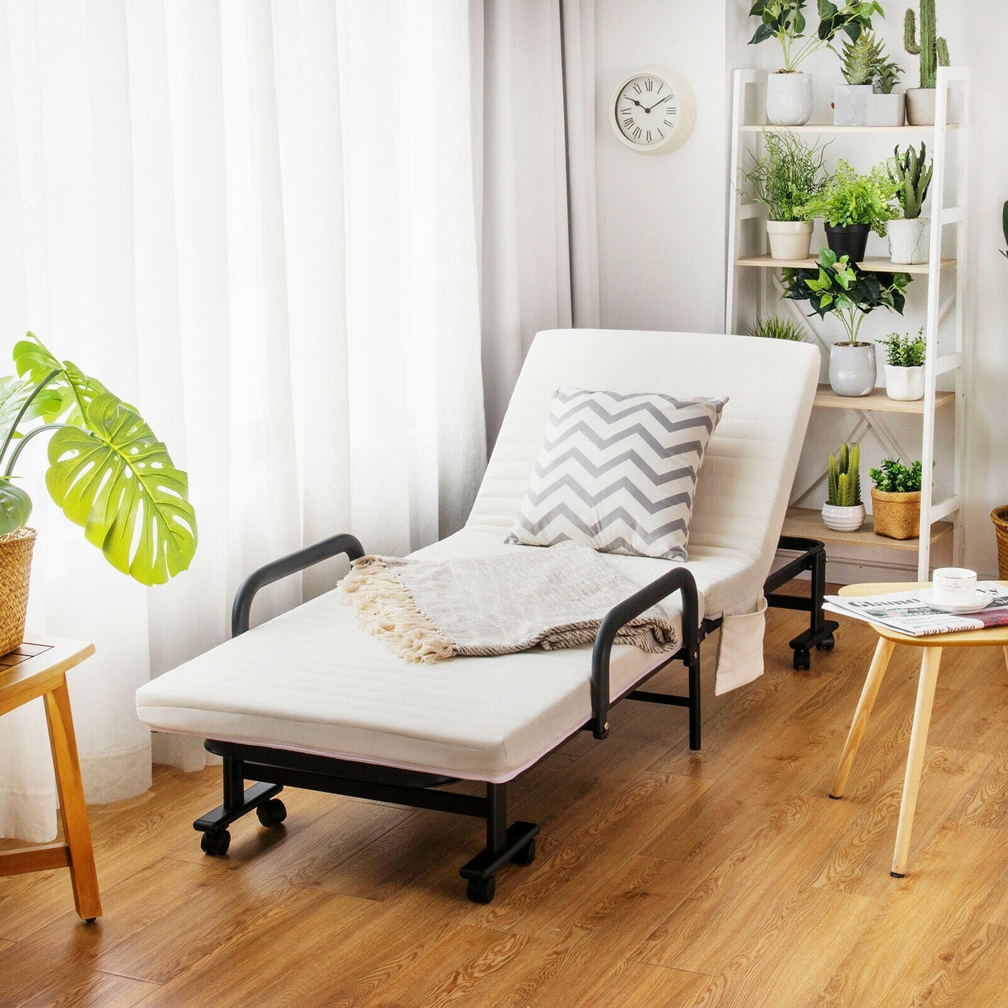 Folding Single Guest Bed with Mattress & Metal Frame-White