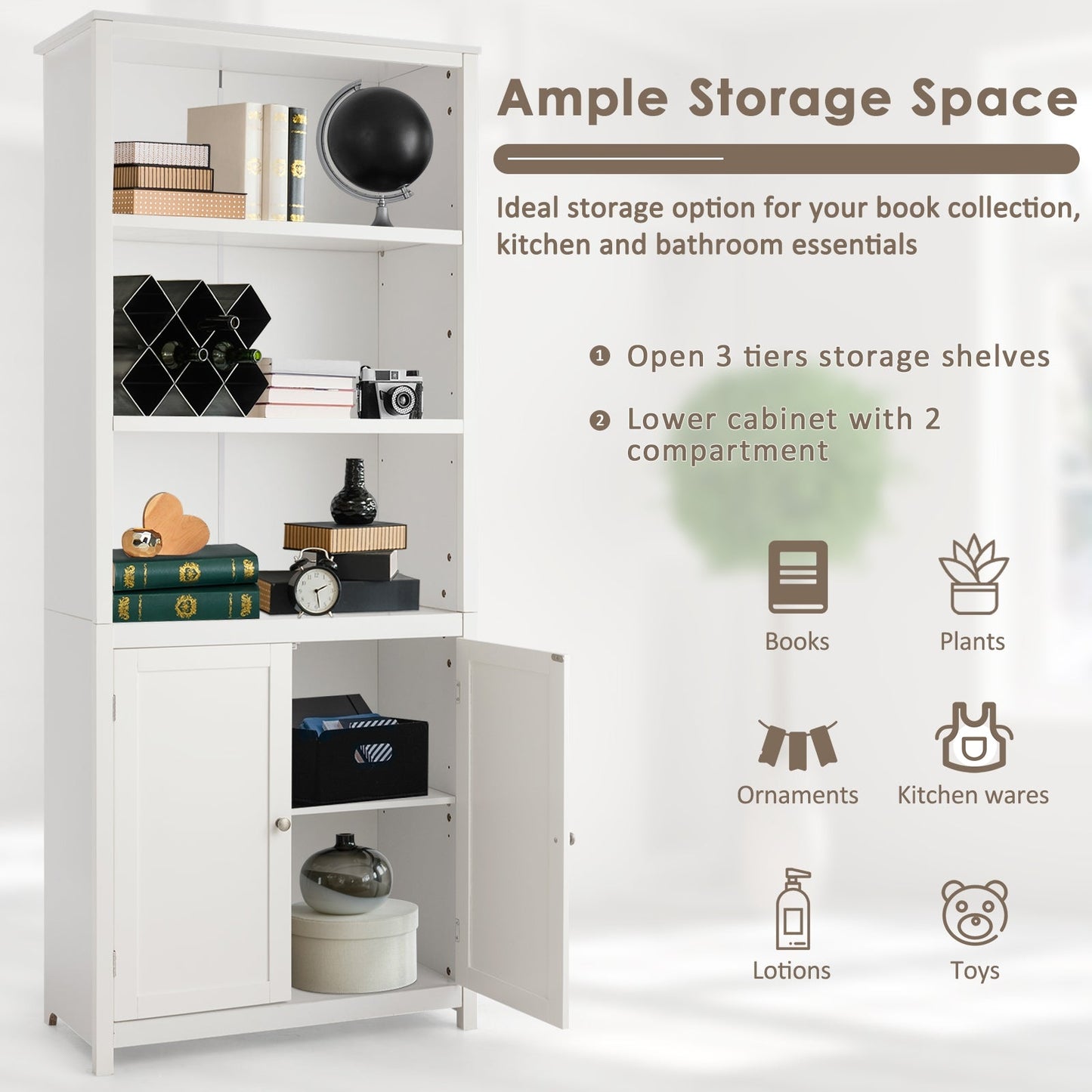 3-Shelf Bookcase with Double Doors & Adjustable Shelves & Cabinet-White