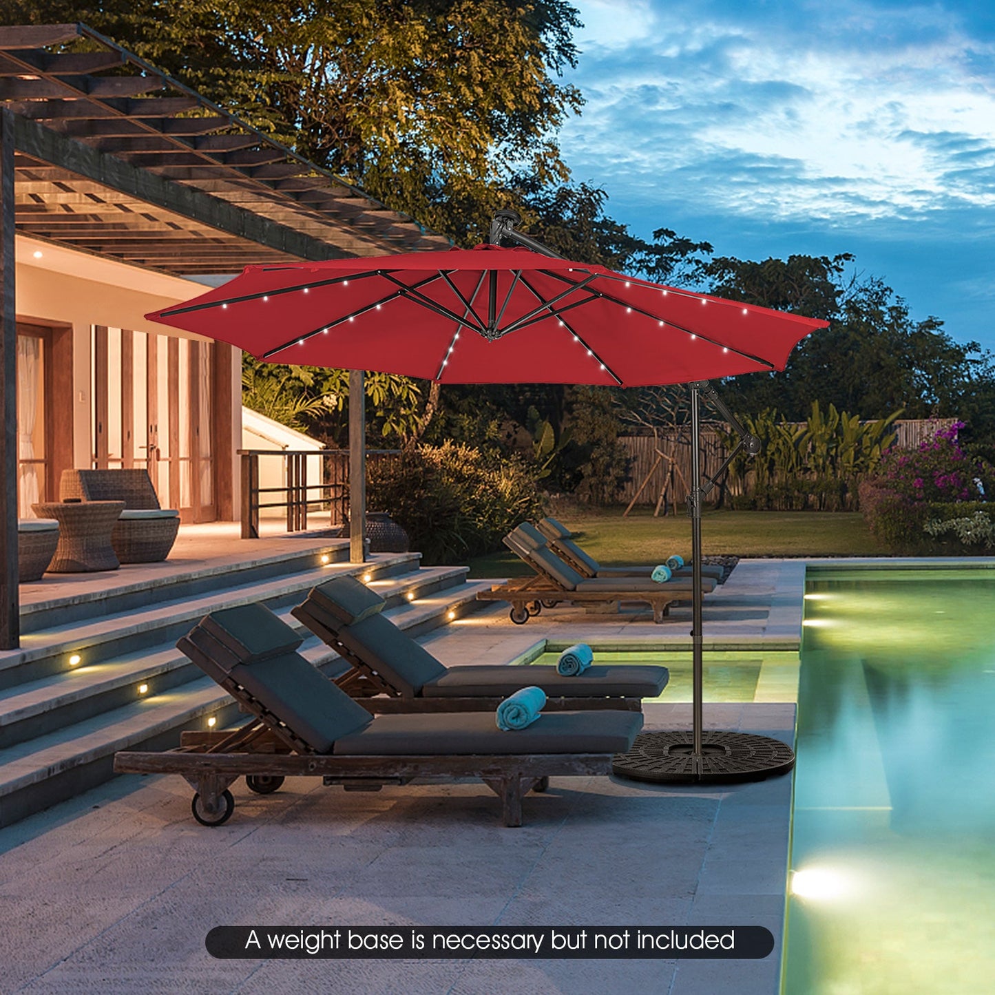 10 Feet Patio Solar Powered Cantilever Umbrella with Tilting System-Wine