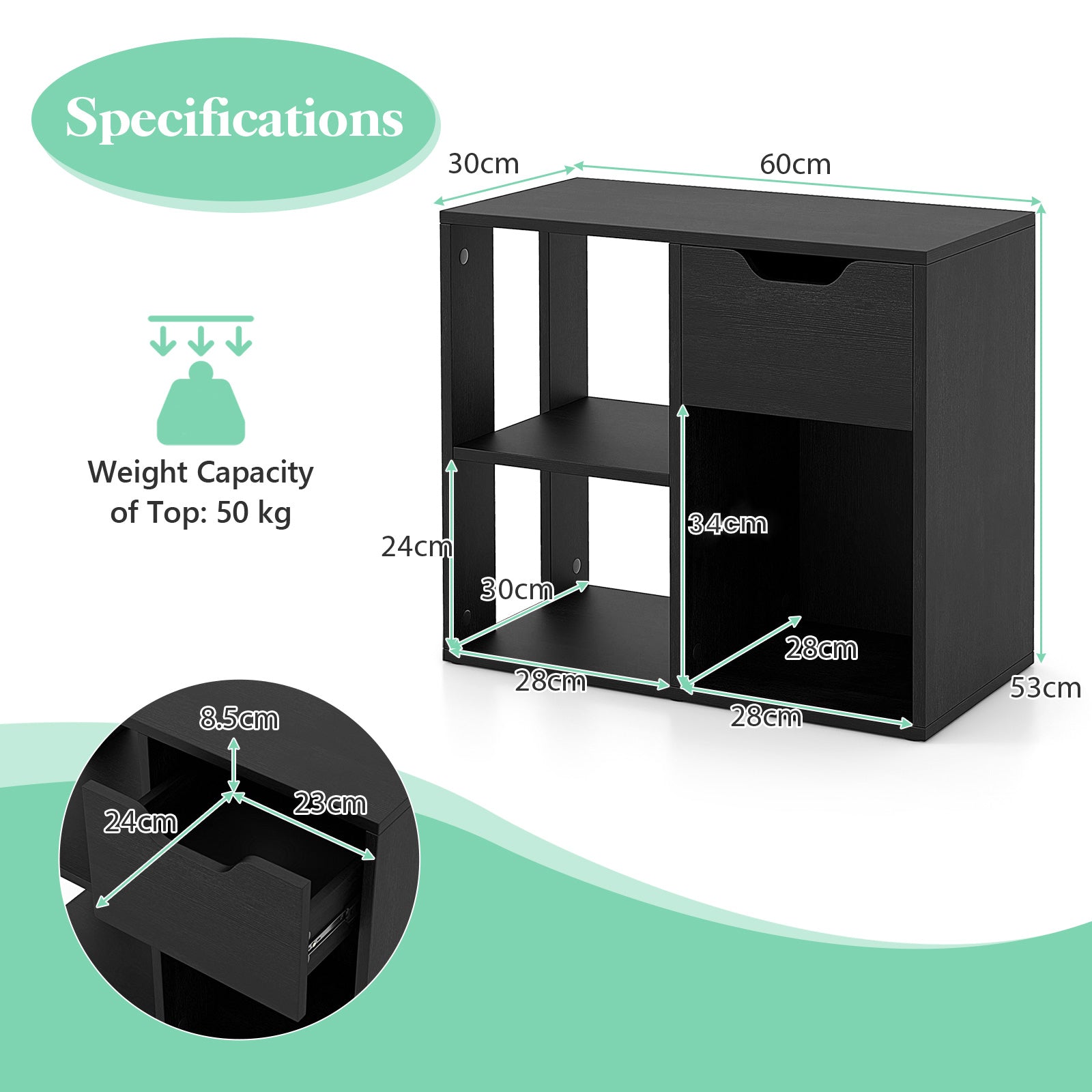 3-Cube Wooden Storage Shelf with Drawer-Black