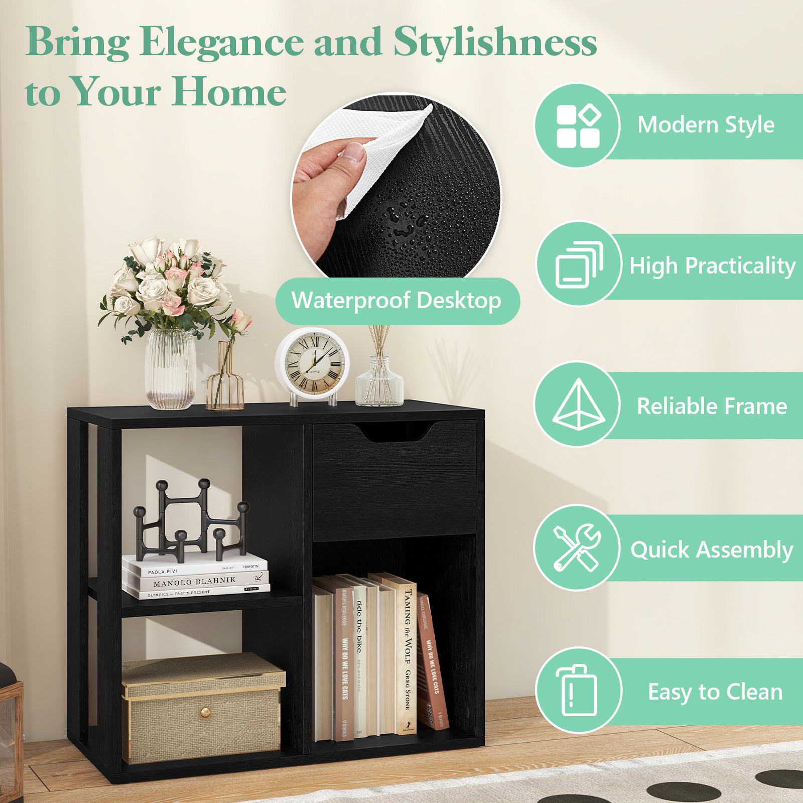 3-Cube Wooden Storage Shelf with Drawer-Black