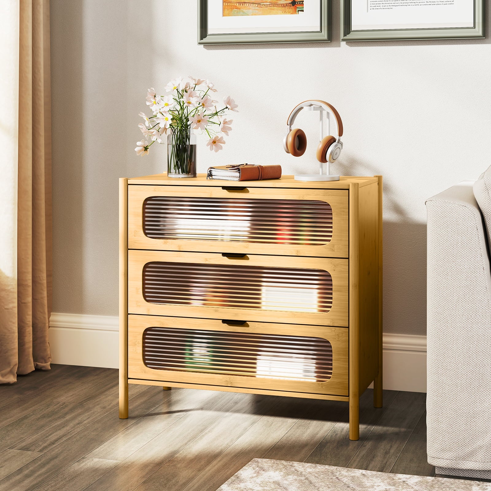 3-Drawer Dresser Mid Century Modern Chest of Drawers-Natural