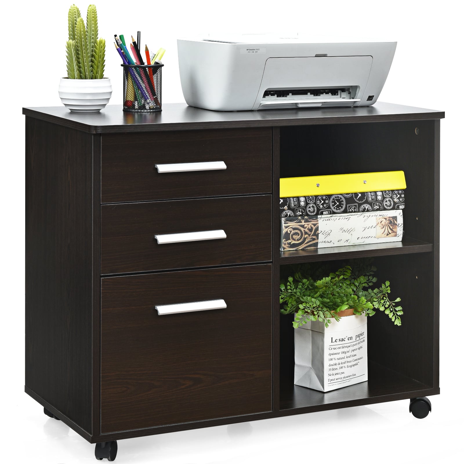 3-Drawer File Cabinet with Hanging Bars for Letter Size Documents-Coffee