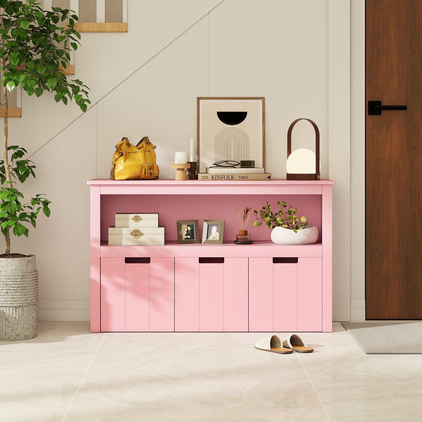 3-Drawer Wood Storage Cabinet with Wheels and Large Storage Space-Pink