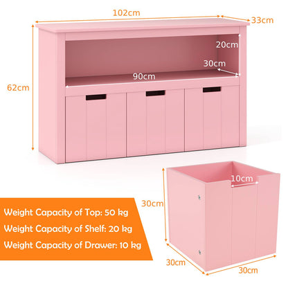 3-Drawer Wood Storage Cabinet with Wheels and Large Storage Space-Pink