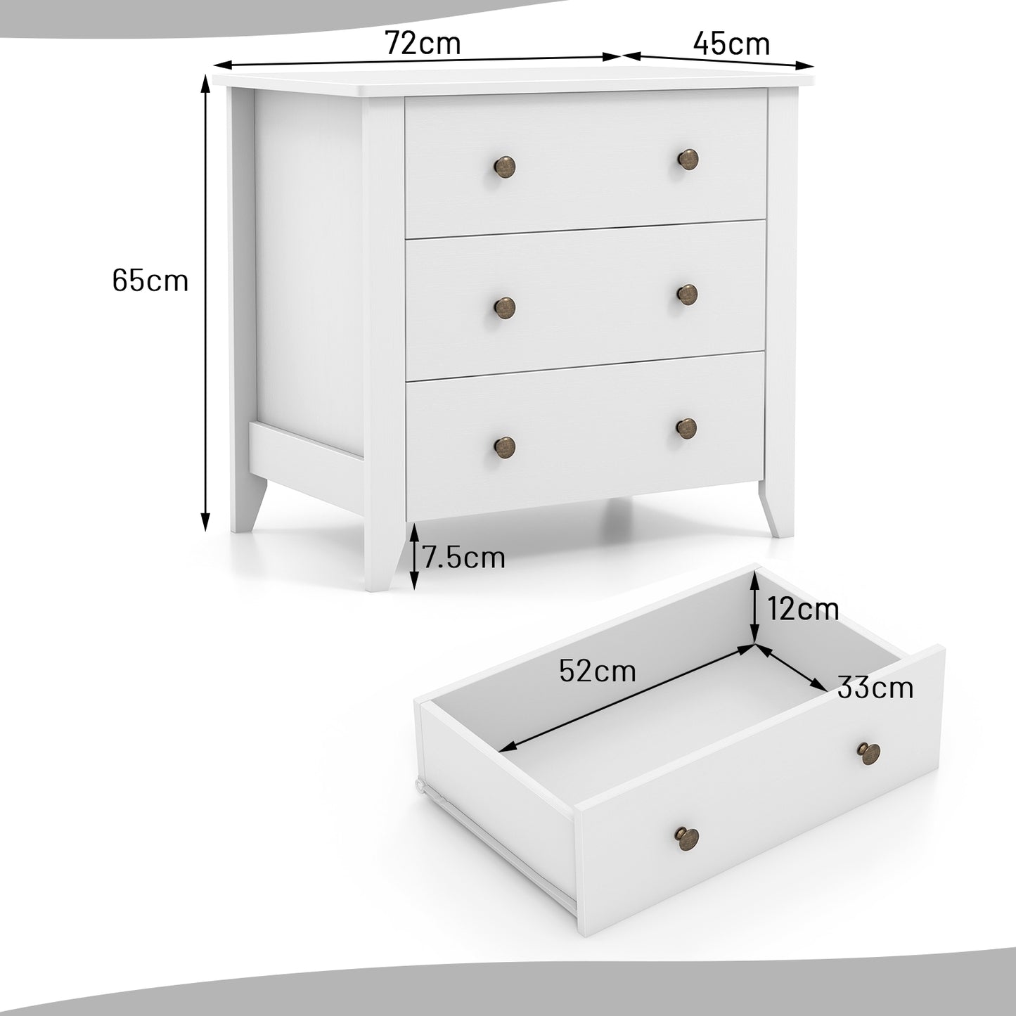 3-Drawer Wooden Dresser Chest of Drawers with Round Metal Knobs-White
