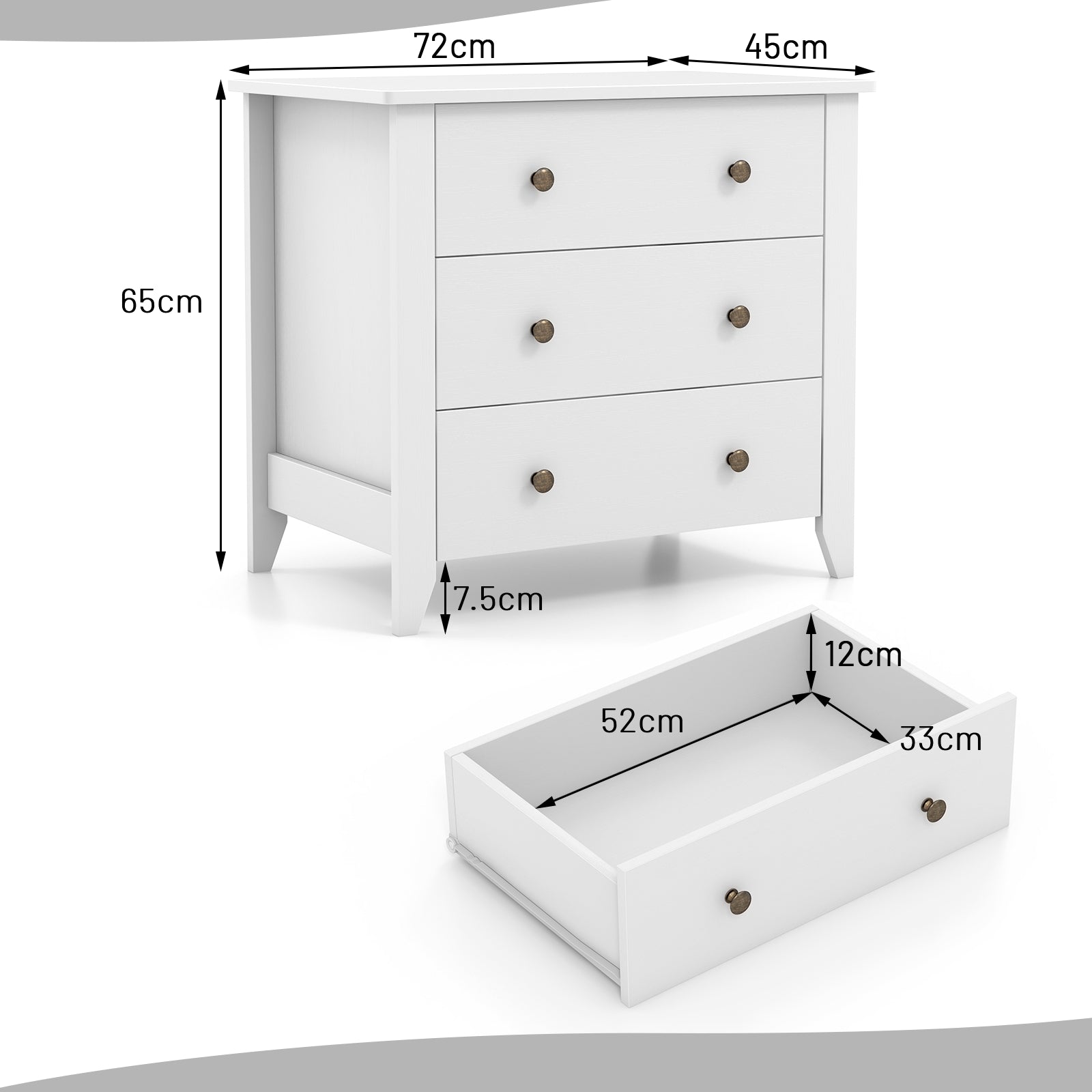 3-Drawer Wooden Dresser Chest of Drawers with Round Metal Knobs-White