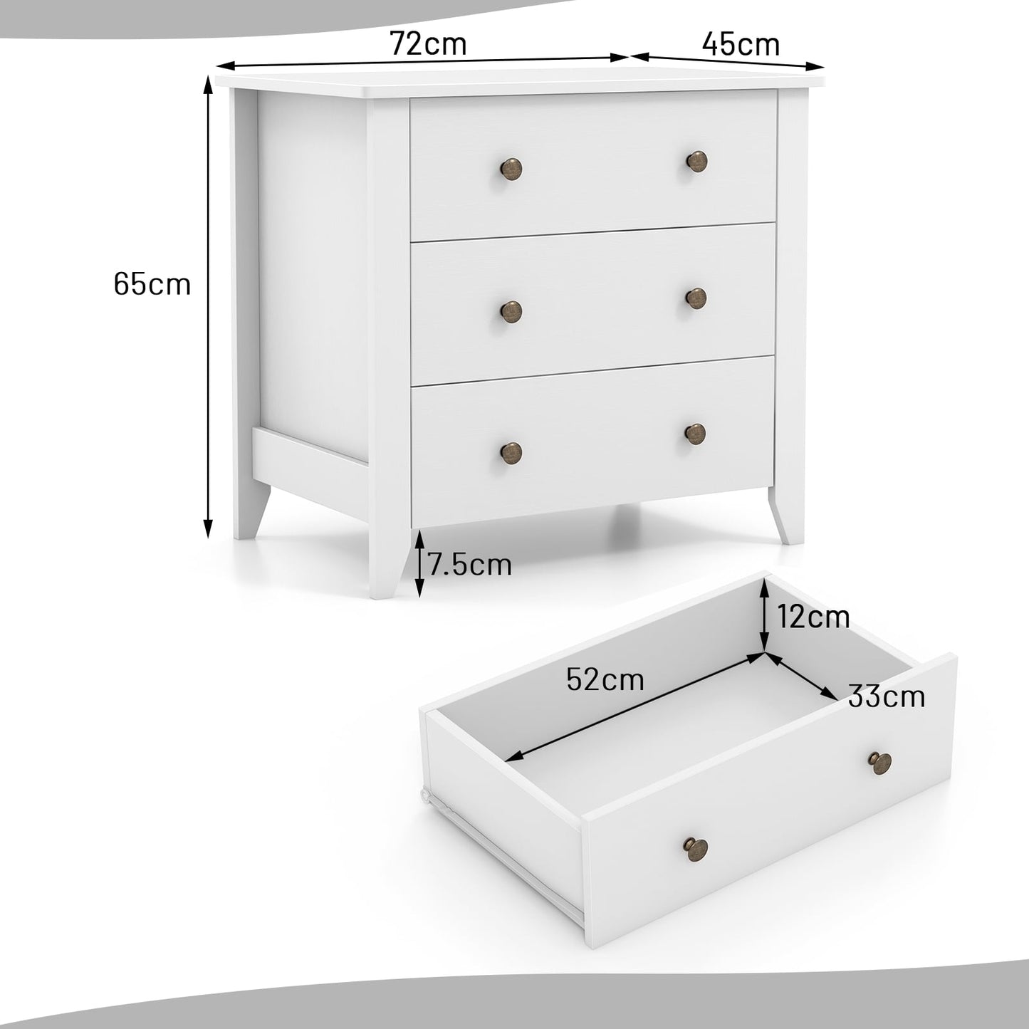 3-Drawer Wooden Dresser Chest of Drawers with Round Metal Knobs-White