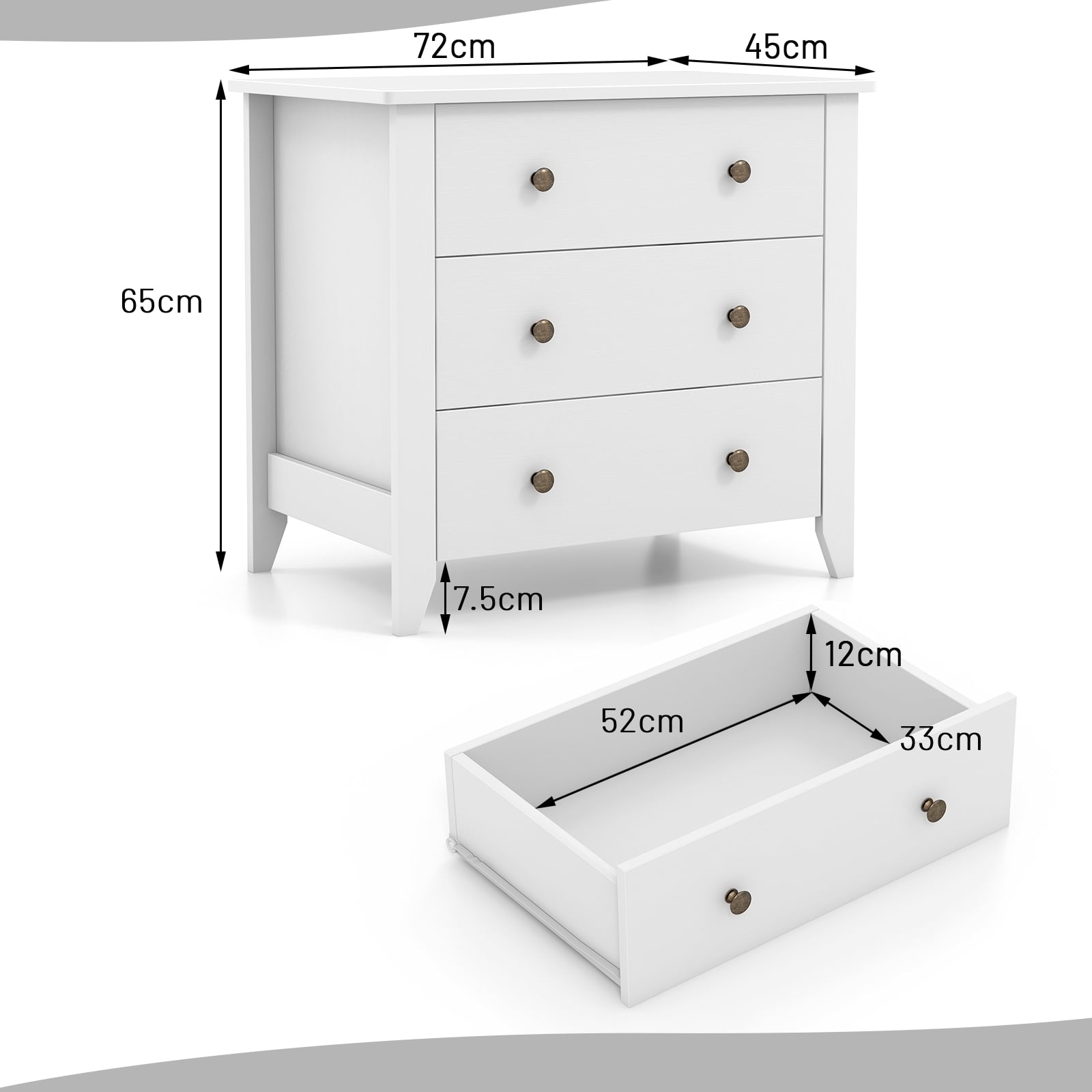 3-Drawer Wooden Dresser Chest of Drawers with Round Metal Knobs-White