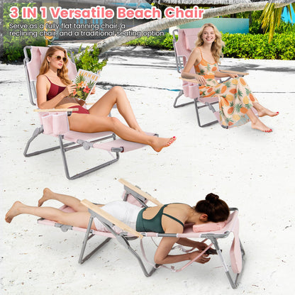 3-IN-1 Foldable Beach Chair Lay-Flat Tanning Chair with Face Hole-Beige