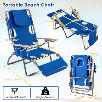 3-IN-1 Foldable Beach Chair Lay-Flat Tanning Chair with Face Hole-Navy