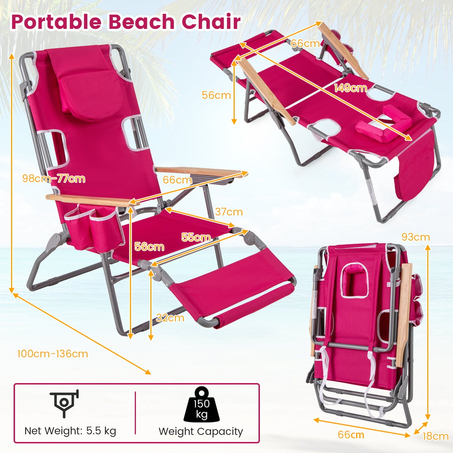 3-IN-1 Foldable Beach Chair Lay-Flat Tanning Chair with Face Hole-Pink