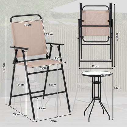 3 PCS Outdoor Bistro Set Patio Bar Table with 2 Folding Chairs-Beige