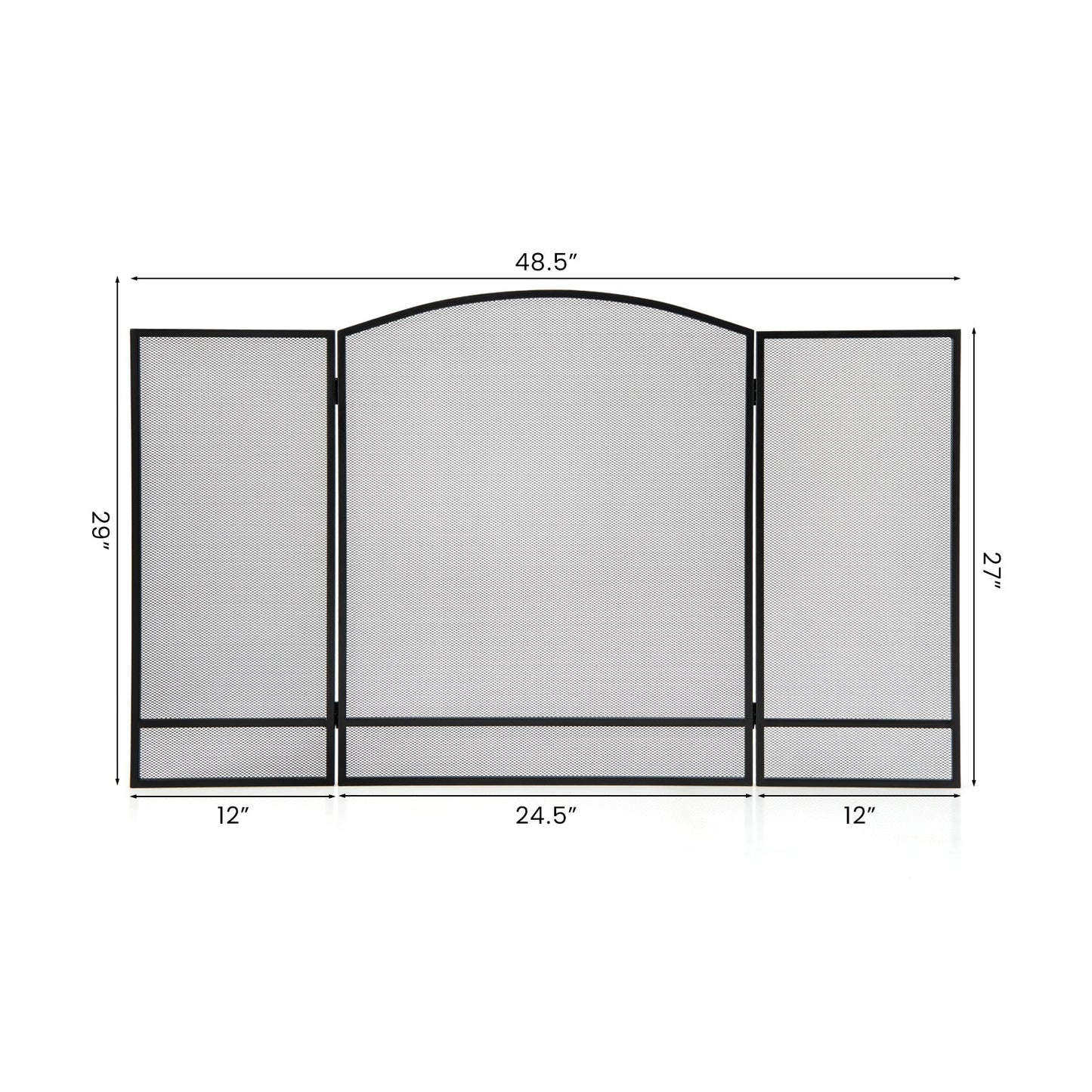 3-Panel Foldable Fireplace Screen with Wrought Metal Mesh-Black