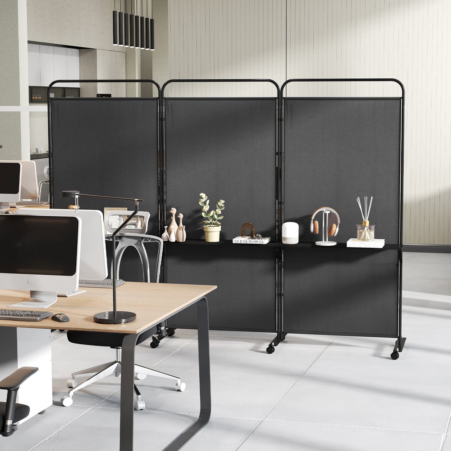 3-Panel Folding Room Divider Rolling Privacy Screen with 3 Metal Shelves-Black