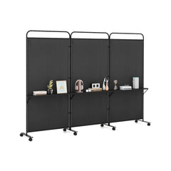 3-Panel Folding Room Divider Rolling Privacy Screen with 3 Metal Shelves-Black