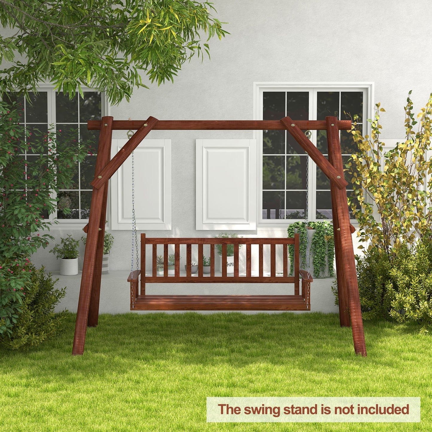 2/3 Person Wooden Outdoor Porch Swing with Adjustable Upper Chains-Brown-3 Person
