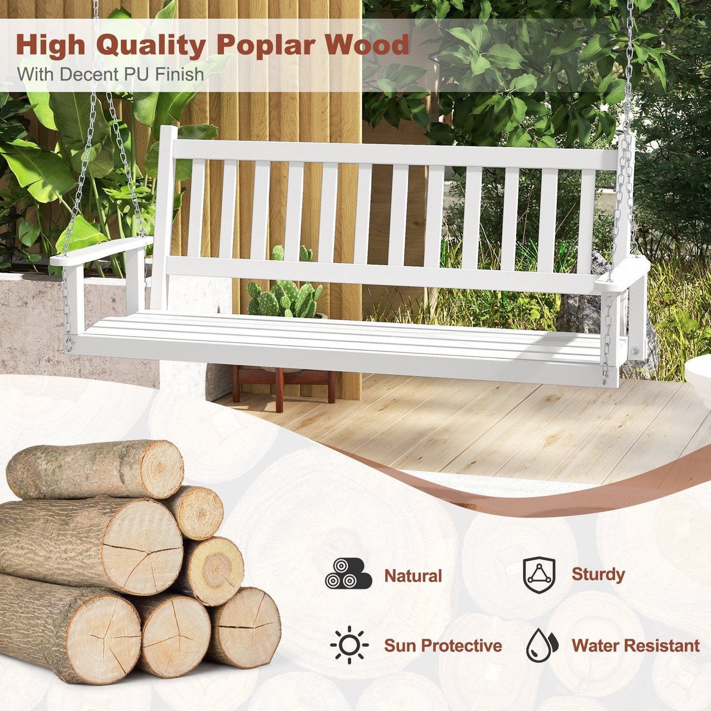 2/3 Person Wooden Outdoor Porch Swing with Adjustable Upper Chains-White-3 Person