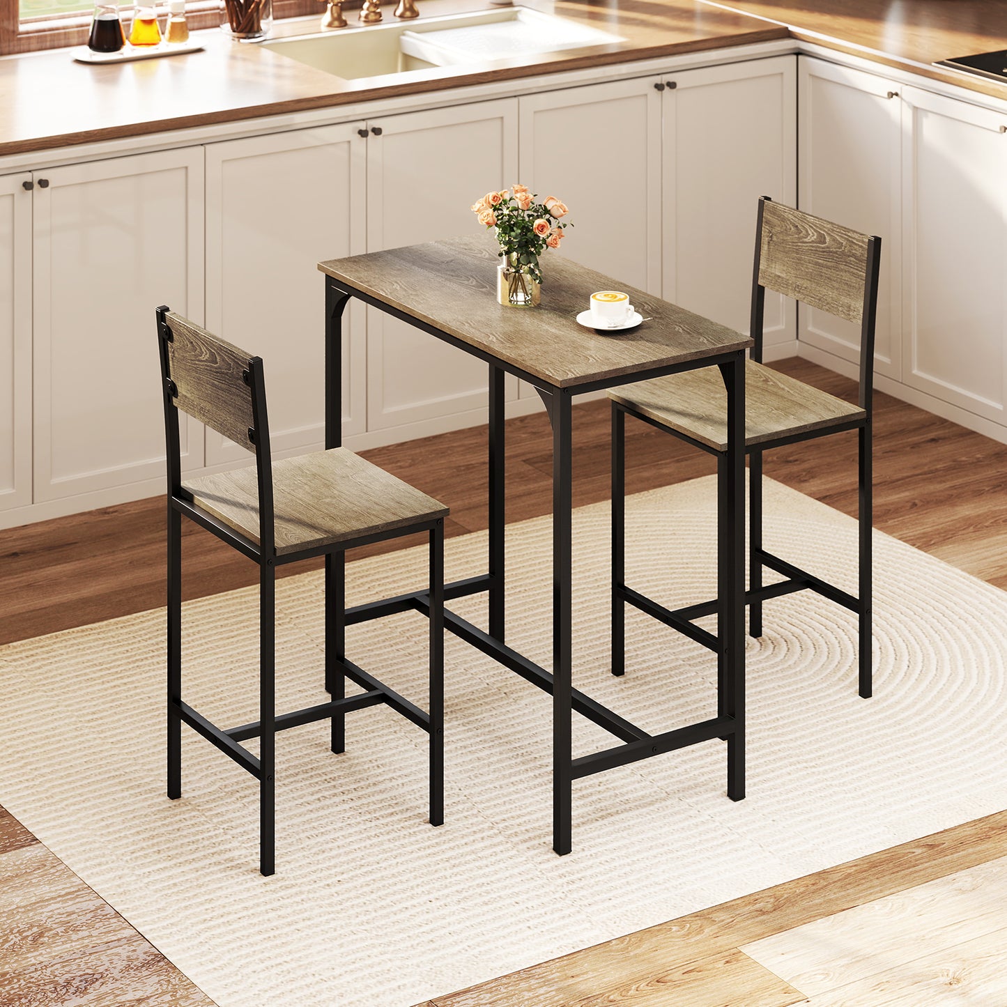 3 Piece Bar Table Set with Pub Dining Table and 2 Bar Stoolsfor Small Space-Grey