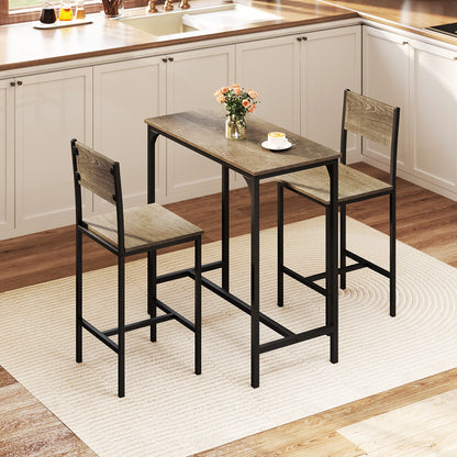 3 Piece Bar Table Set with Pub Dining Table and 2 Bar Stoolsfor Small Space-Grey
