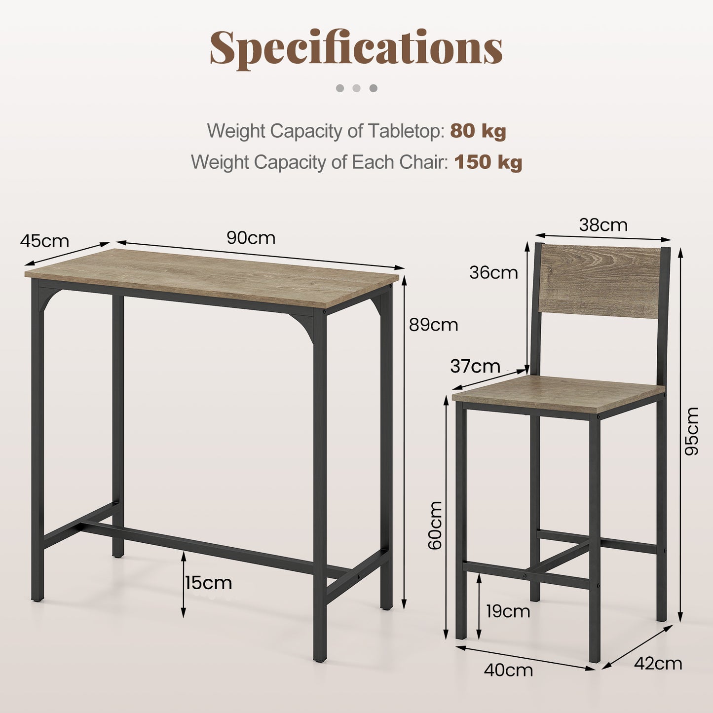 3 Piece Bar Table Set with Pub Dining Table and 2 Bar Stoolsfor Small Space-Grey