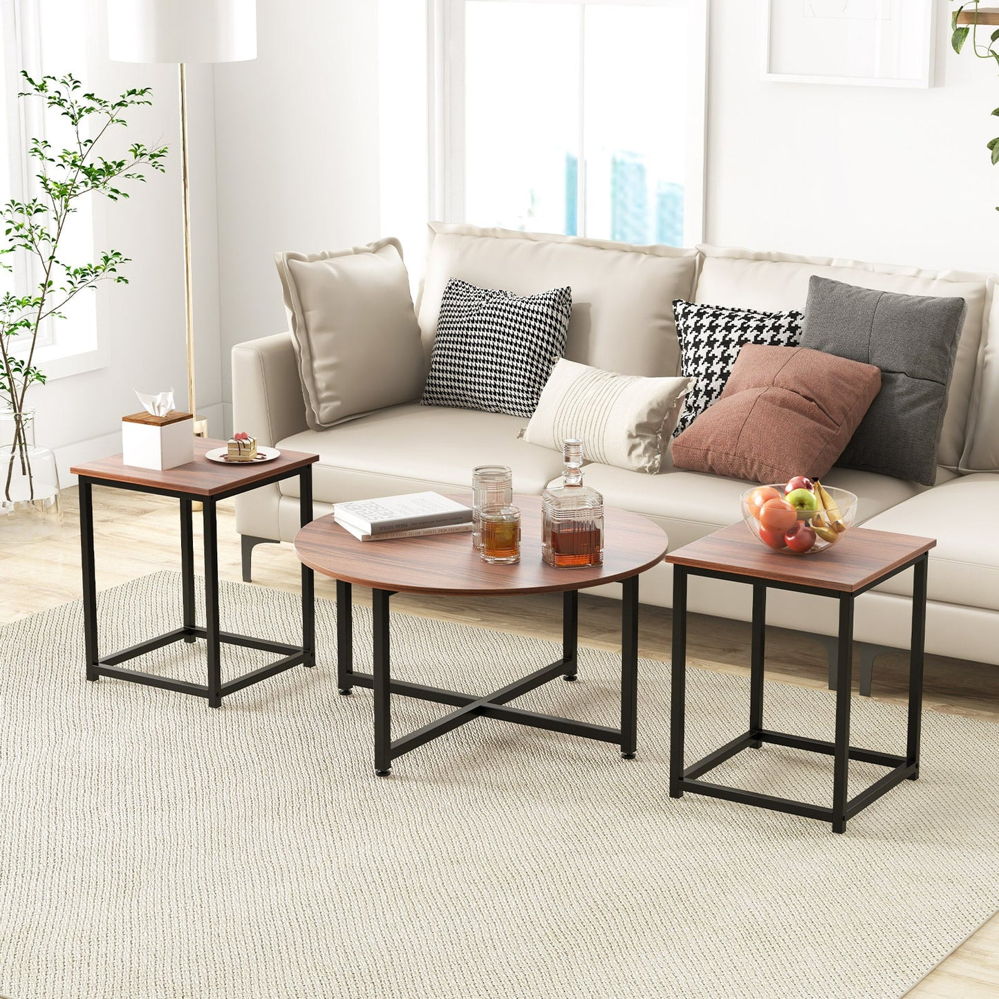 3-Piece Coffee Table Set with Heavy-duty Metal Frame-Walnut