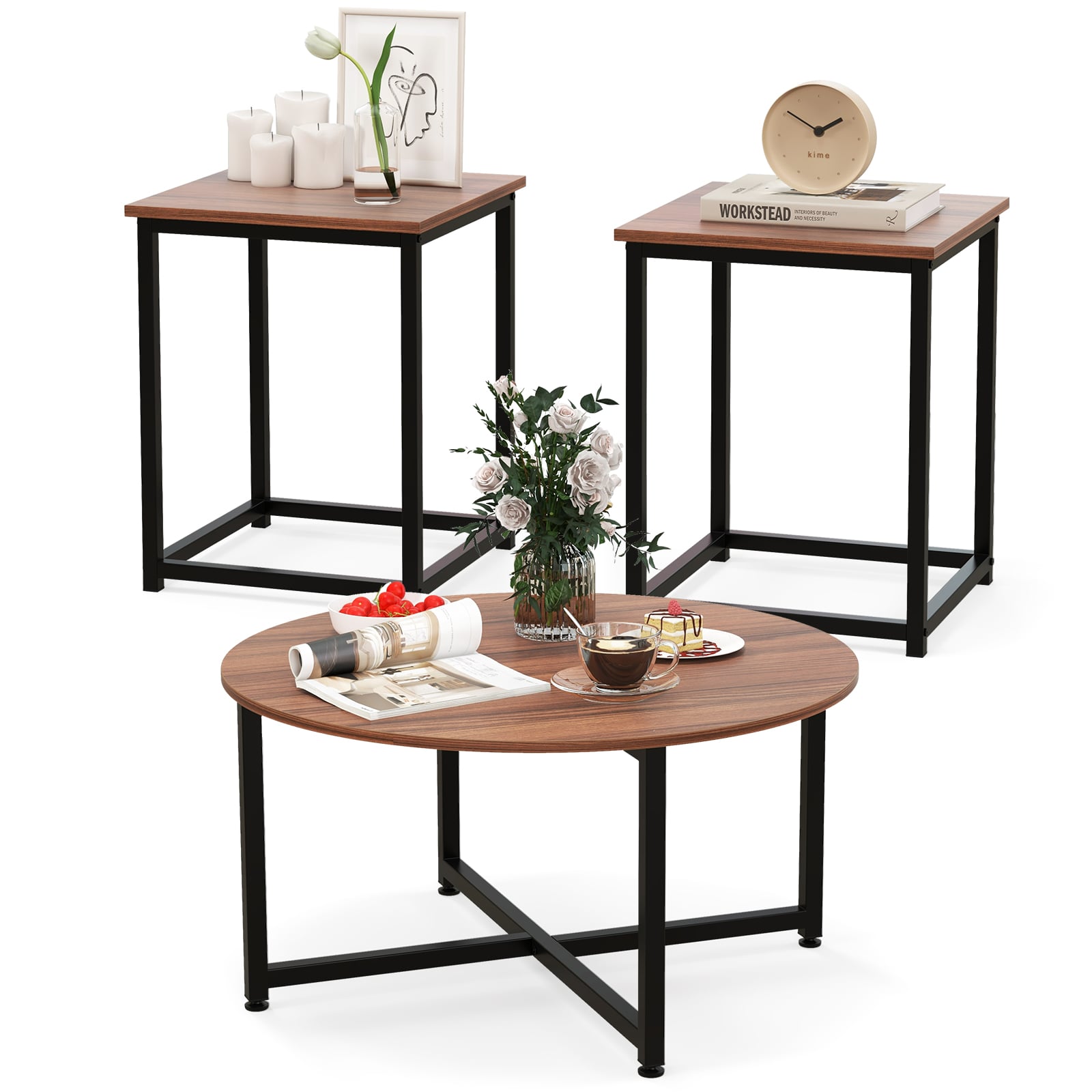 3-Piece Coffee Table Set with Heavy-duty Metal Frame-Walnut