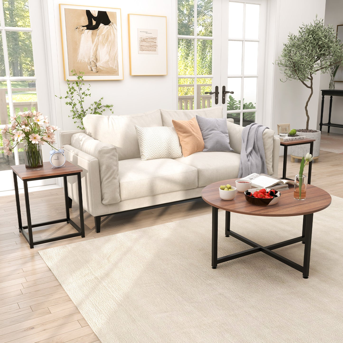 3-Piece Coffee Table Set with Heavy-duty Metal Frame-Walnut