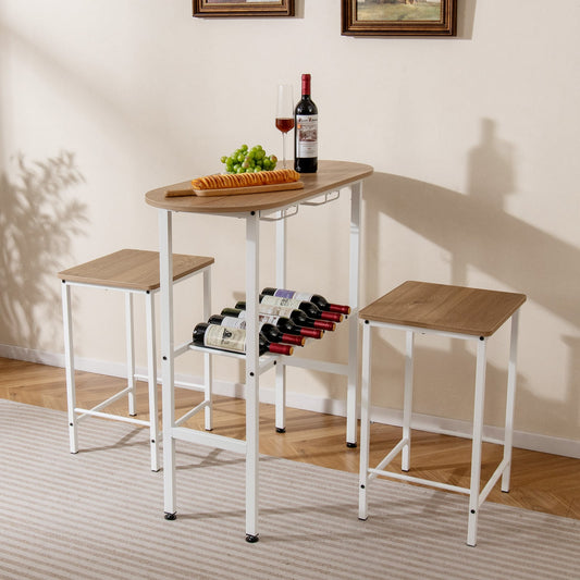 3 Piece Counter Height Table Set Oval Dining Table and 2 Stools-Natural