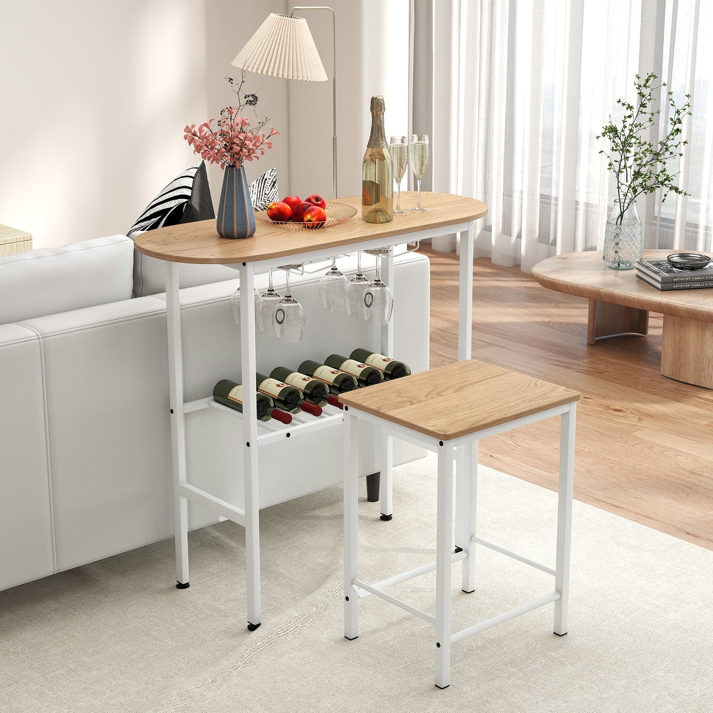 3 Piece Counter Height Table Set Oval Dining Table and 2 Stools-Natural