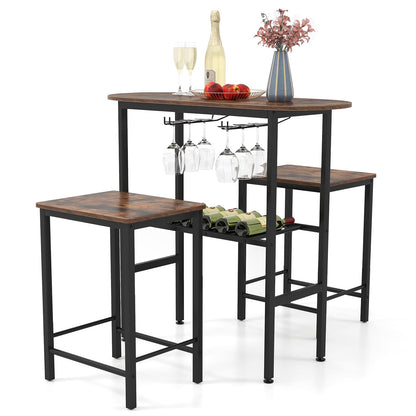 3 Piece Counter Height Table Set Oval Dining Table and 2 Stools-Rustic Brown