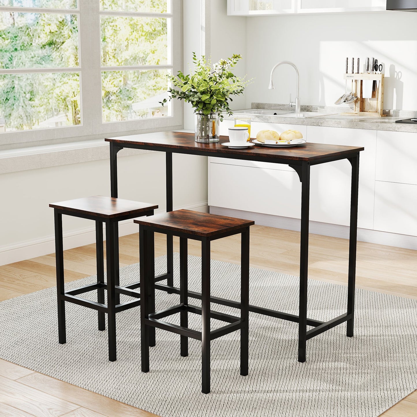 3-Piece Dining Table Set with High Top Rectangular Pub Table and Chairs-Rustic Brown