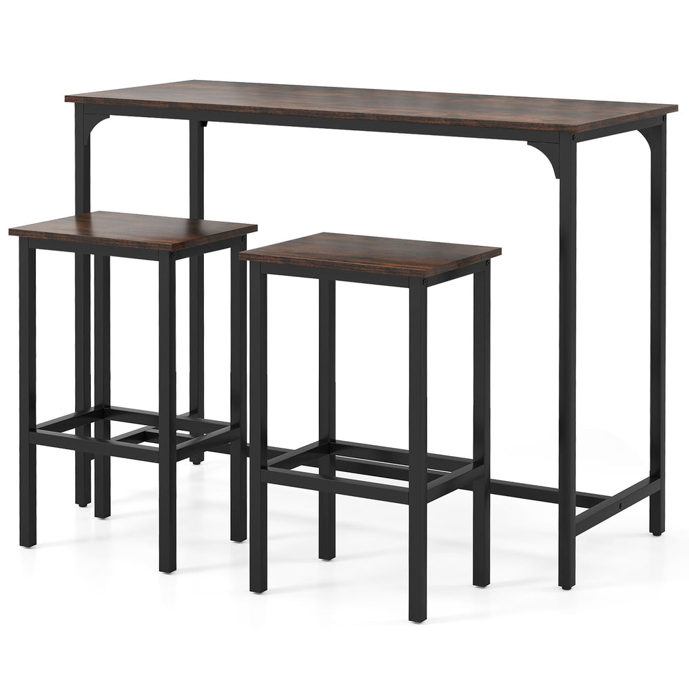 3-Piece Dining Table Set with High Top Rectangular Pub Table and Chairs-Rustic Brown