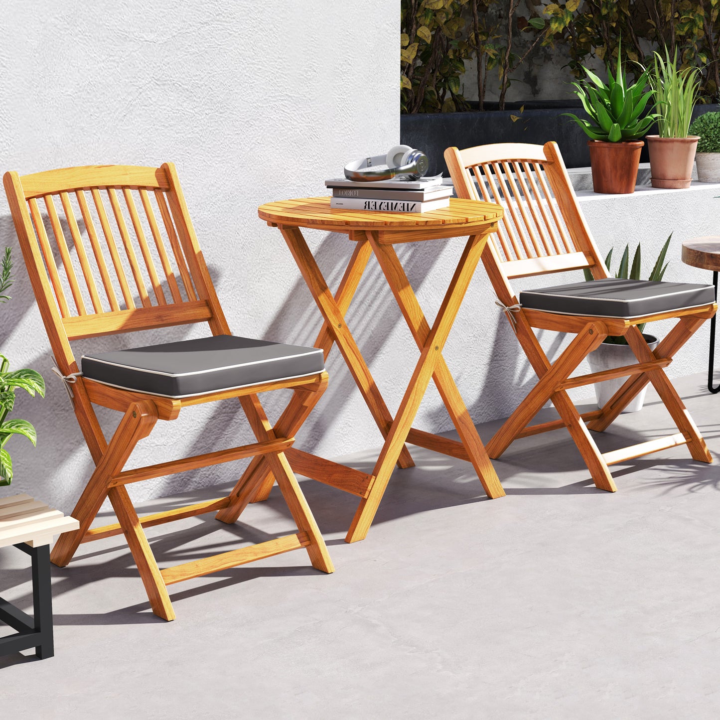 3 Piece Folding Bistro Set with Cushions for Patio-Grey