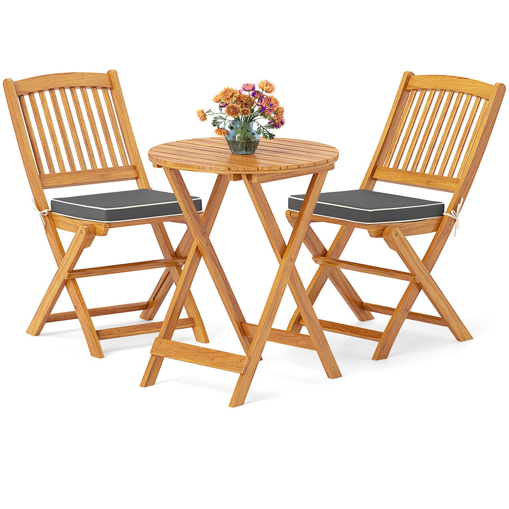 3 Piece Folding Bistro Set with Cushions for Patio-Grey