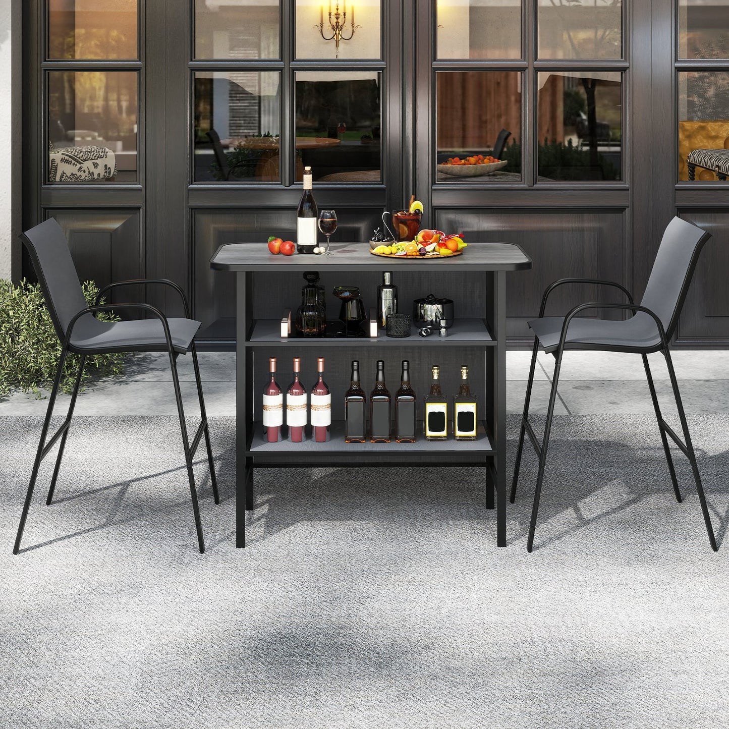3 Piece Outdoor Bar Table and Chairs Set with Breathable Fabric-Grey