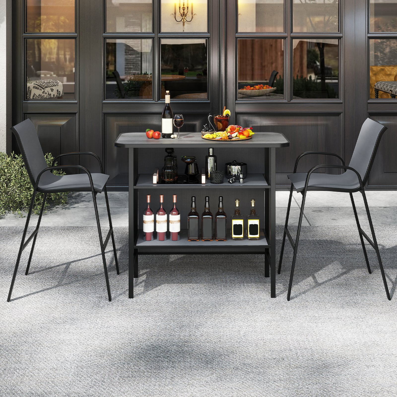 3 Piece Outdoor Bar Table and Chairs Set with Breathable Fabric-Grey