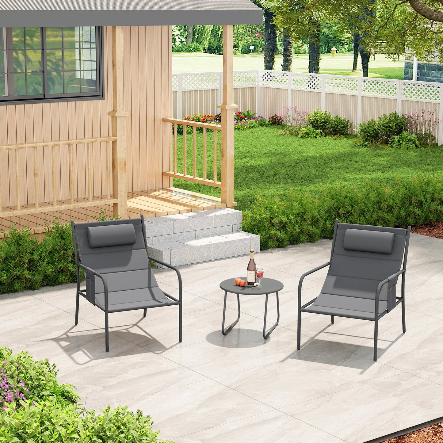 3 Piece Outdoor Bistro Set with Chair and Coffee Table Set-Grey