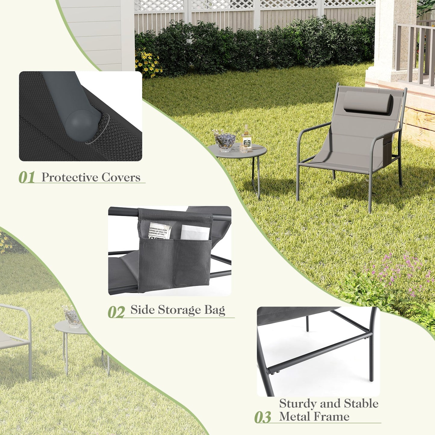 3 Piece Outdoor Bistro Set with Chair and Coffee Table Set-Grey