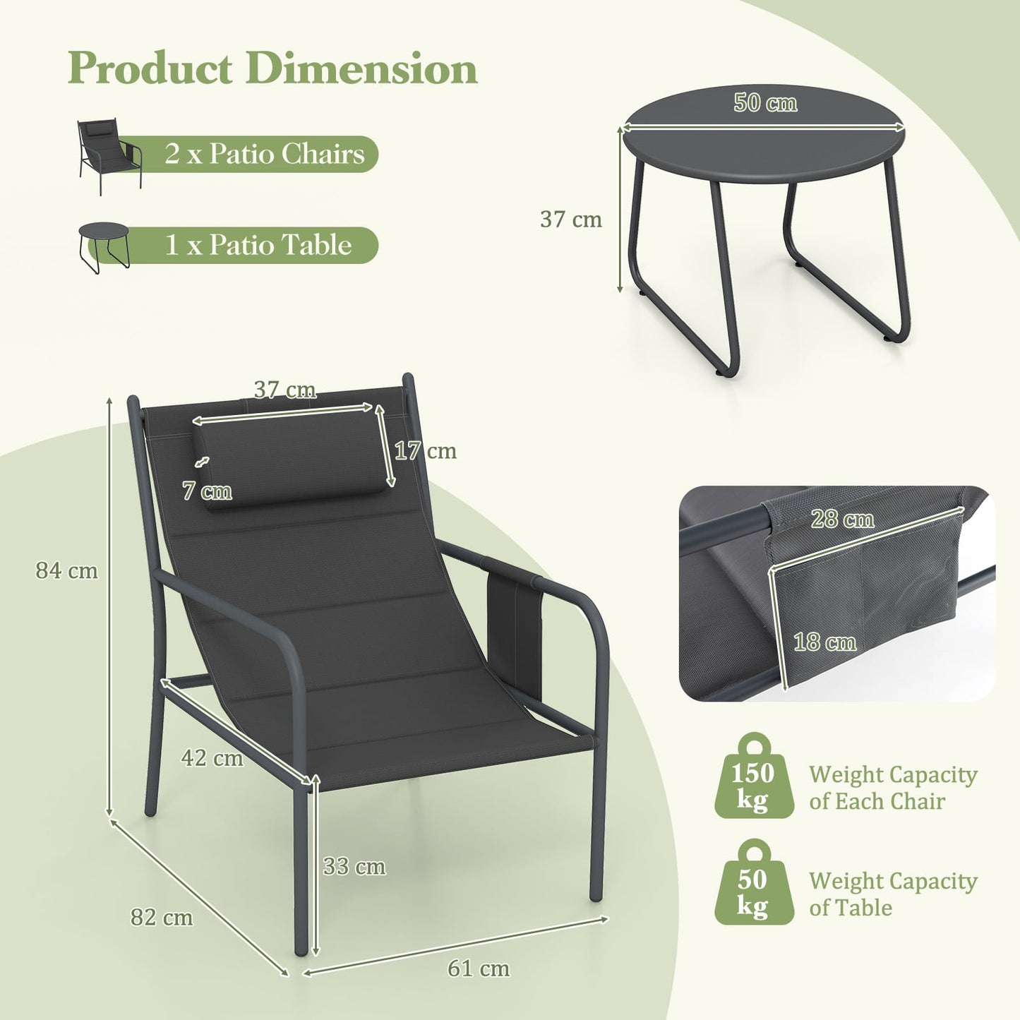 3 Piece Outdoor Bistro Set with Chair and Coffee Table Set-Grey