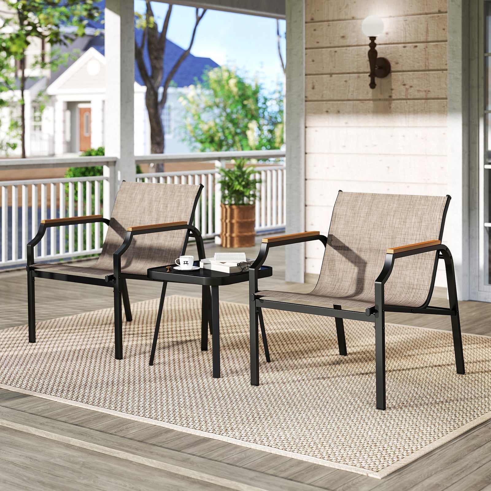 3 Piece Outdoor Chair Set with Breathable Fabric Seat and Wood-Plastic Armrests-Brown