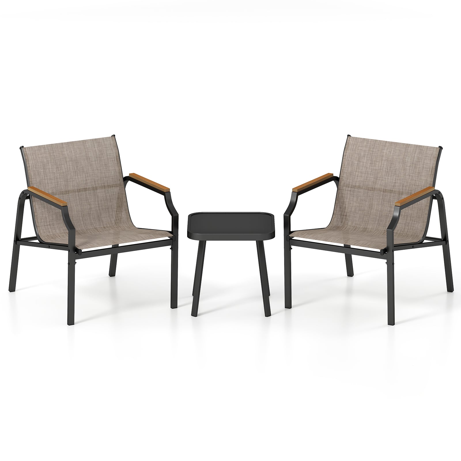 3 Piece Outdoor Chair Set with Breathable Fabric Seat and Wood-Plastic Armrests-Brown