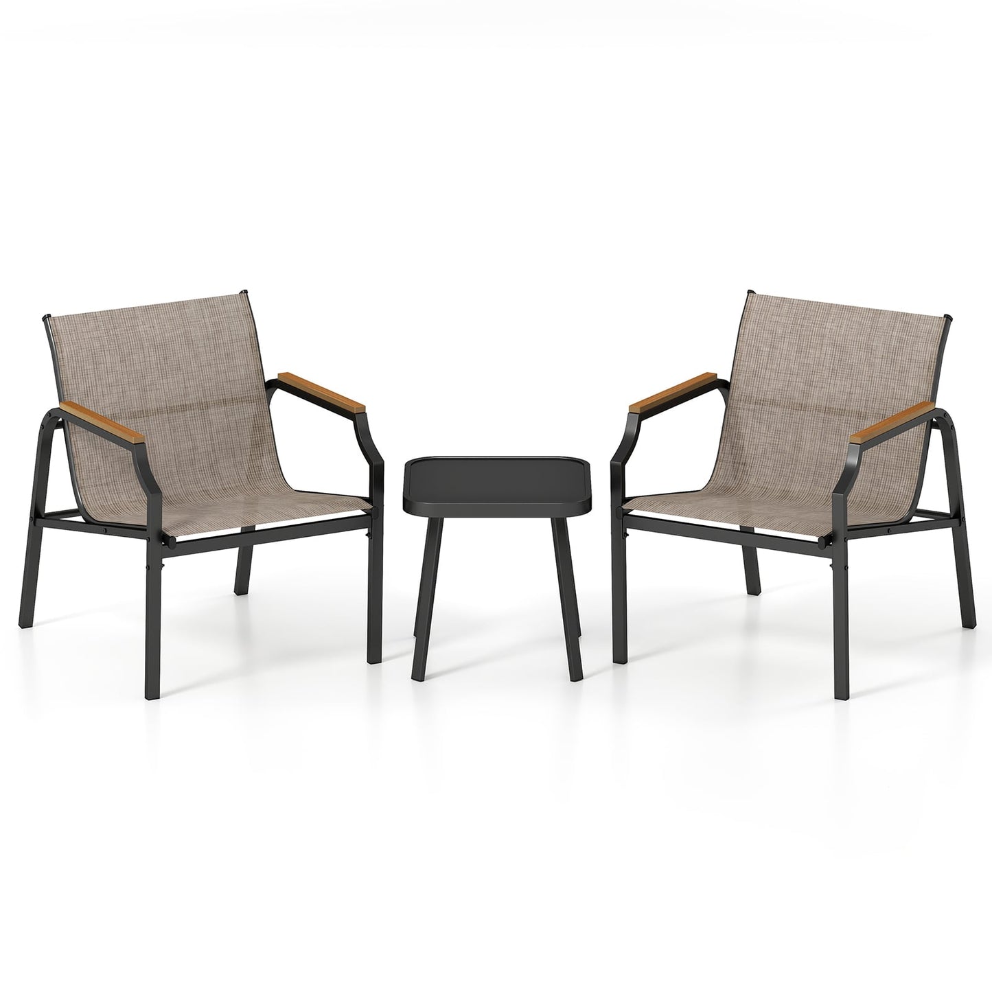 3 Piece Outdoor Chair Set with Breathable Fabric Seat and Wood-Plastic Armrests-Brown
